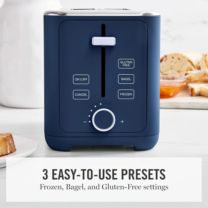 Martha Stewart 2 Slice Toaster, 10 Shade Settings with Defrost, Cancel, Bagel & Gluten-Free, Extra-Wide Self-Centering Slots for Waffles & Artisan Bread, Removable Crumb Tray, Cord Wrap, Indigo Blue