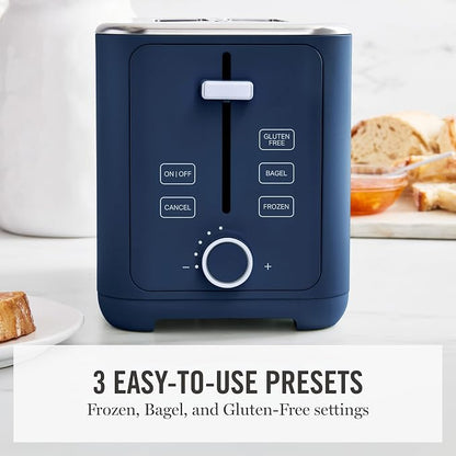 Martha Stewart 2 Slice Toaster, 10 Shade Settings with Defrost, Cancel, Bagel & Gluten-Free, Extra-Wide Self-Centering Slots for Waffles & Artisan Bread, Removable Crumb Tray, Cord Wrap, Indigo Blue