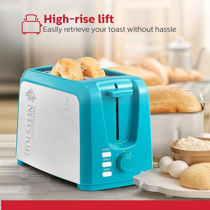 Holstein Housewares 2-Slice Toaster with 7 Browning Settings, Extra-Wide Slots, Reheat, Defrost, Cancel, High-Lift Release, Removable Crumb Tray – Compact Stainless Steel, Teal