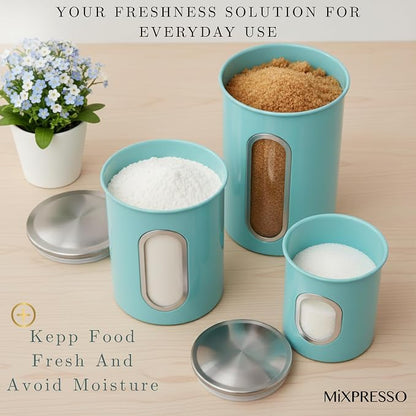 Mixpresso 3-Piece Aqua Blue Canisters Sets For The Kitchen, Airtight Canister Set With See Through Window, Storage Jars for Coffee Container, Tea Organizer & Sugar Canister, Kitchen Canisters