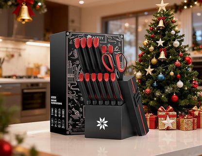 Knife Set - 15 PCS Kitchen Knife Set with Built-in Knife Sharpener Block - Stainless Steel Knife Block Set - Dishwasher Safe, Elegant Box for Men Women, Fathers day, Red