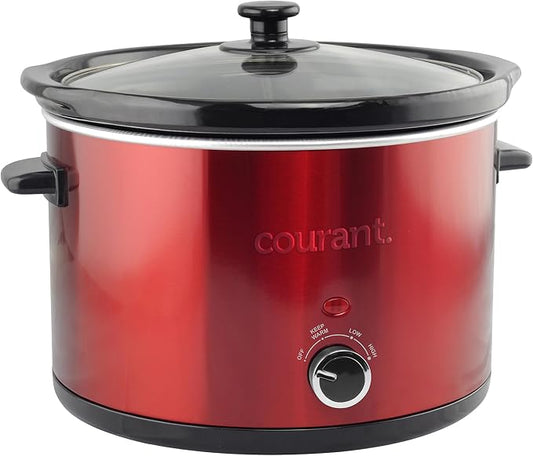 Courant 5.5 Quart Slow Cooker with Removable Ceramic Insert, & Glass Lid With Three Temperature Settings – Red
