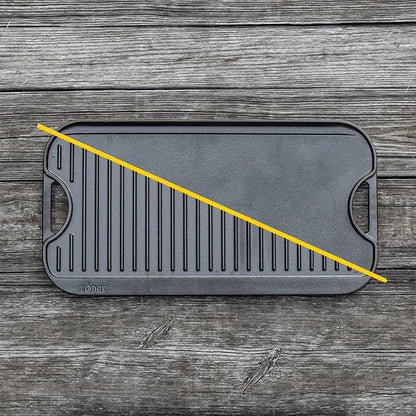 Lodge Pro-Grid Reversible Grill/Griddle - 20 Inches x 10.5 Inches - Dual-Sided Cast Iron Griddle - Double Burner Grill - Even Heat Distribution - PFAS-Free Non-Toxic Cookware