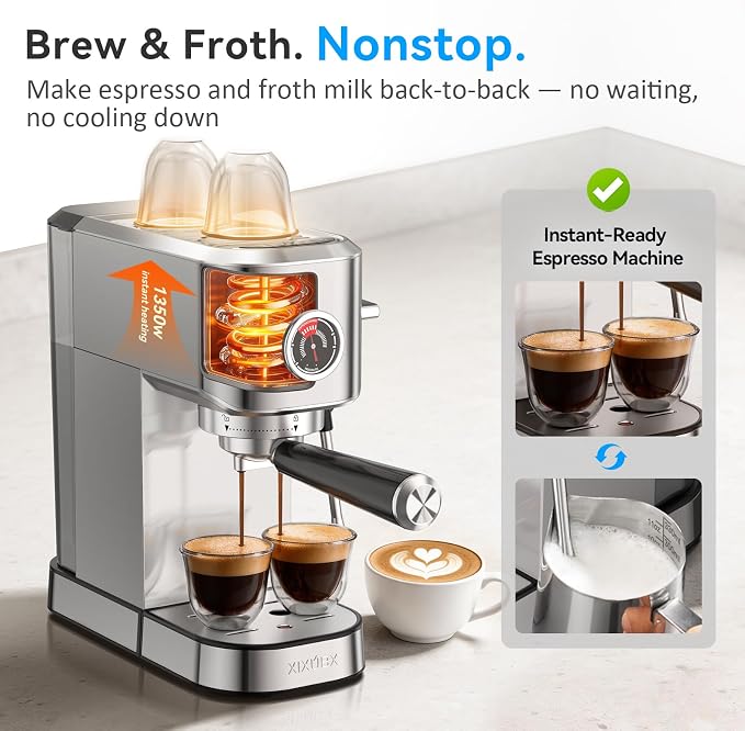 XIXUBX 20 Bar Espresso Machine, Compact Stainless Steel Espresso Maker with Milk Frother and Milk Frothing Pitcher, Coffee Machine for Cappuccino and Latte, 42 oz Water Tank for Home, Office, Silver