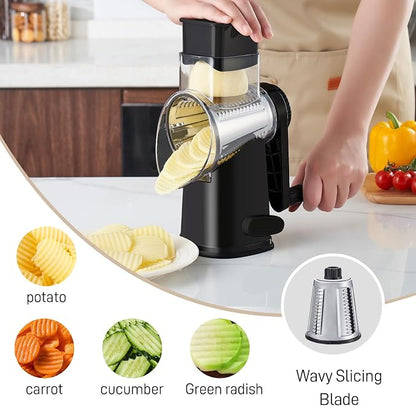 Weltonhm Rotary Cheese Grater with 4 Blades, Large Hand Crank Cheese Grater with Waffle Slicer, Black and White Cheese Slicer with Suction Base, Easier for Shredding& Grating (black, 4 Graters)