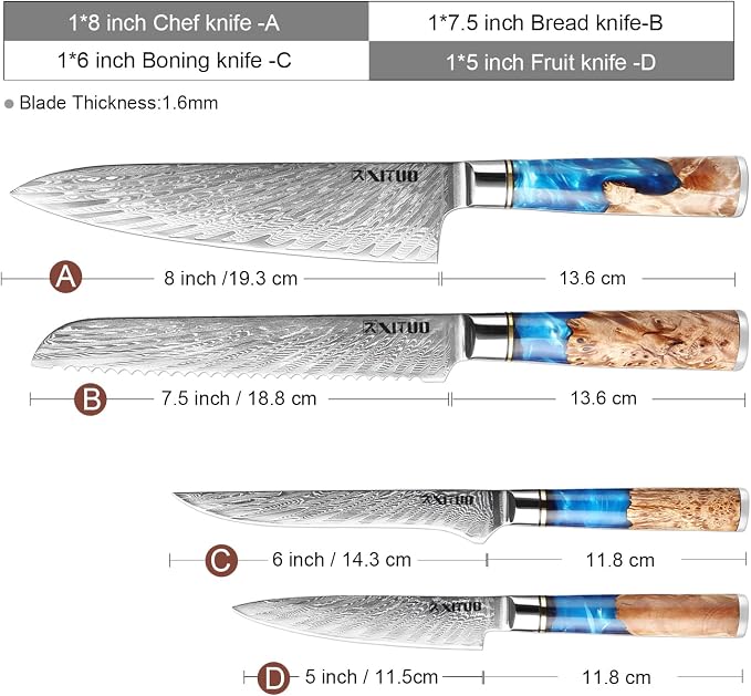 XITUO VG10 Damascus Steel 4-Piece Japanese Chef Knife Set, Blue Resin & Wood Handle, 8" Chef Knife, 8" Bread Knife, 6" Boning Knife, 5" Utility Knife, Gift Box