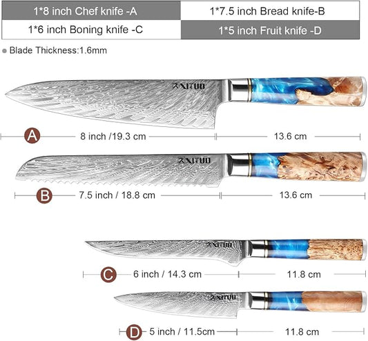 XITUO VG10 Damascus Steel 4-Piece Japanese Chef Knife Set, Blue Resin & Wood Handle, 8" Chef Knife, 8" Bread Knife, 6" Boning Knife, 5" Utility Knife, Gift Box