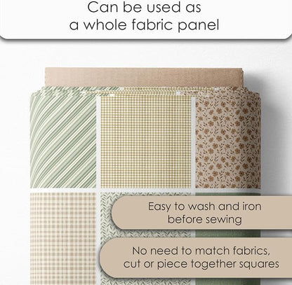 Cotton Satin Patchwork Fabric Panel – 35 Designs, 20×20 cm Squares, Single Piece 150×110 cm, Sage Green & Beige Patchwork Quilt Fabric (Meadow Breeze Patchwork Set, 35pcs 8x8 inch)