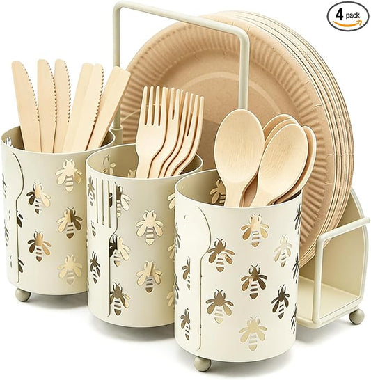 NelyBet Bee Utensil Caddy Silverware Holder Fork Spoon Napkin Paper Plate Organizer Metal Cutlery Flatware Organizer for Party Kitchen Countertop Camping Picnic - Cream White