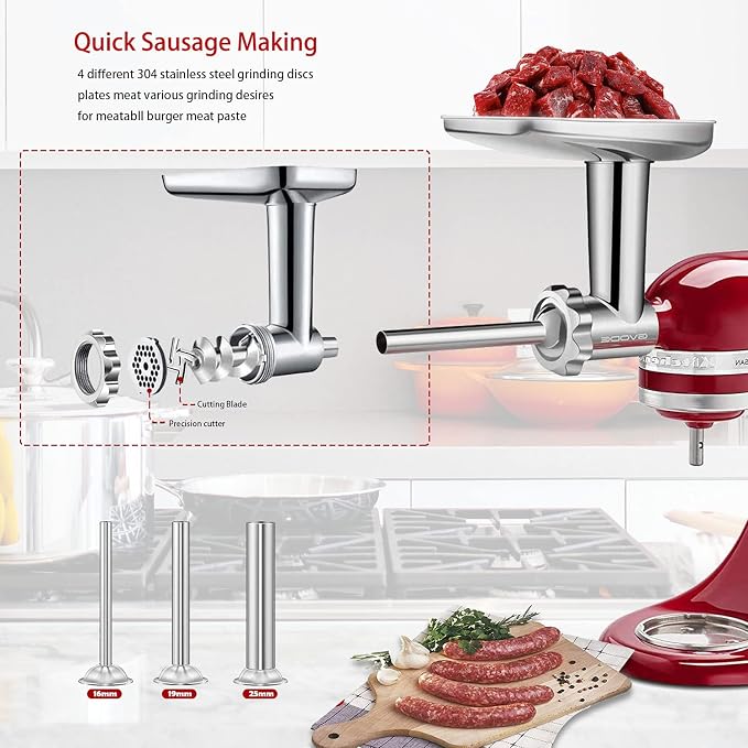 Stainless Steel Meat Grinder Attachment for KitchenAid Stand Mixer,Meat Grinder for KitchenAid Mixer Includes 3 Sausage Stuffer Dishwasher Safe Attachment by Gvode