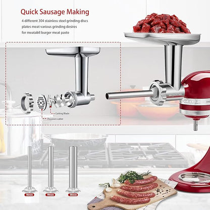 Stainless Steel Meat Grinder Attachment for KitchenAid Stand Mixer,Meat Grinder for KitchenAid Mixer Includes 3 Sausage Stuffer Dishwasher Safe Attachment by Gvode