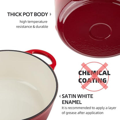 3 Quart Dutch Oven Enameled Cast Iron with Lid - Big Dual Handles - Oven Safe up to 500°F - Classic Round Pot for Versatile Cooking Red