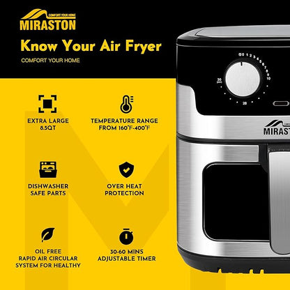 8.5QT Large Air Fryer, Stainless Steel Air Fryers with Gift Box | XL FAMILY SIZE: 8.5QT capacity for batch cooking; durable stainless steel design with PFAS-free coating for healthy meals.