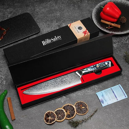 Home Safety Japanese Damascus Knife, Chef's Knife with Sharp 20cm Blade Made of 67 Layers of VG-10 Damascus Steel Kitchen Knife Damascus Carving Knife, Abalone Shell Handle, Gift Box