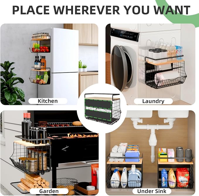 Magnetic Shelf for Fridge with Wood Lid, Fruit Potato and Onion Storage Bins, Kitchen Large Container Magnetic Spice Rack for Refrigerator, Kitchen Counter, Tools, Snack (BLACK, 2 Pack)