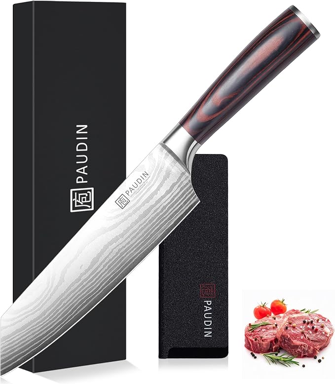 PAUDIN Kiritsuke Knife, 8 Inch Japanese Chef's Knife – High Carbon Stainless Steel Kitchen Knife with Ergonomic Pakkawood Handle & Protective Sheath, Great Gift for Men Women