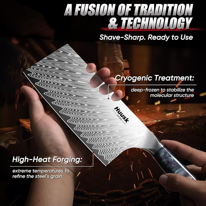 Huusk Stainless Meat Cleaver Knife 7" - Butcher Knife for Meat Cutting with Resin Handle, Heavy Duty Vegetable Chopping Knives with Full Tang Blade, Japanese High Carbon Steel, Gift Idea for Men Women