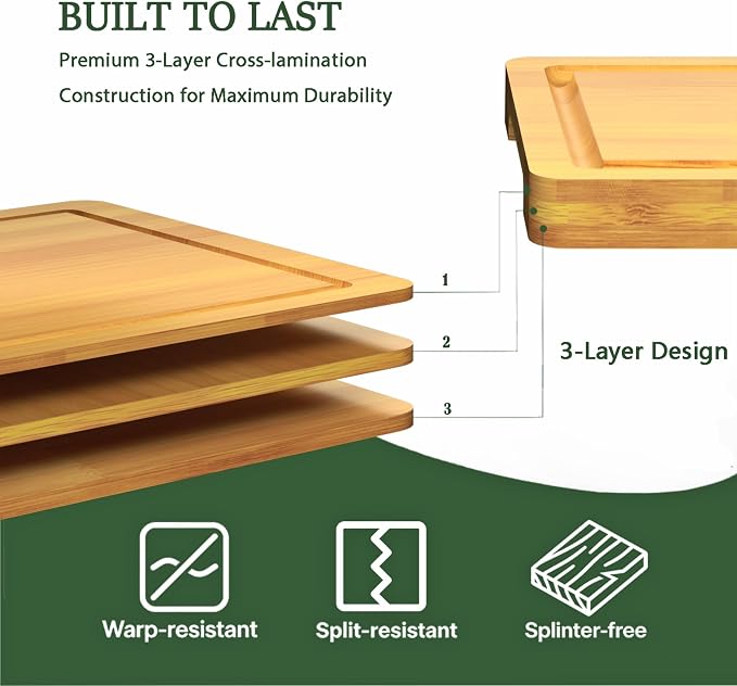 Cutting Board Set of 2, L and XL Bamboo Chopping Boards for Kitchen, Butcher Block Cutting Boards with Side Handles for Meat, Vegetables, Fruit, Meal Prep and Daily Cooking
