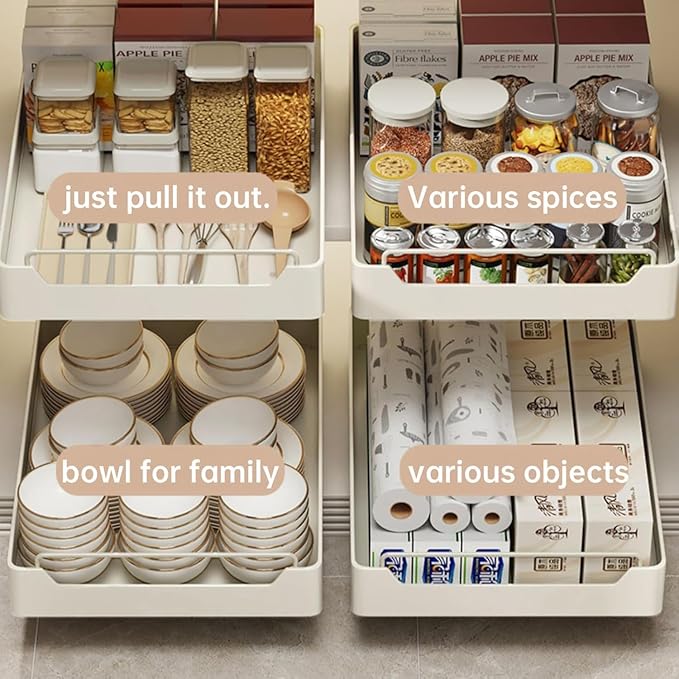 Pull Out Cabinet Organizer with Soft-Close Damping, 25x43 Cm Slide Out Pantry Shelf, Heavy Duty Kitchen Storage Solution for Spices, Jars, Cans, White