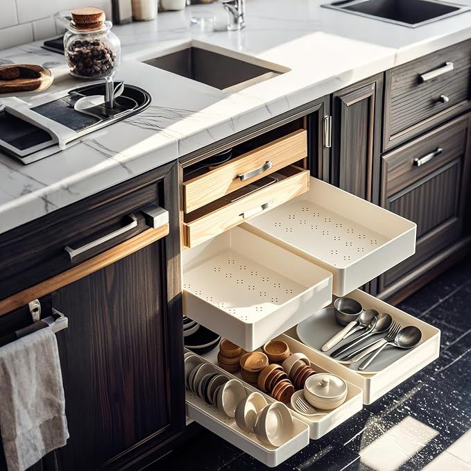 Pull Out Cabinet Organizer with Slide Out Drawers, Under Sink Organizer for Kitchen & Bathroom, White, Small Sizes
