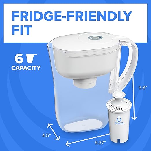 Brita Metro Small 6-Cup Water Filter Pitcher, WQA NSF/ANSI Certified, Mini-Fridge Friendly, Removes Chlorine Taste & Odor, Reduces Zinc, Copper & Mercury, 1 Standard Filter, Lasts 2 Months, White