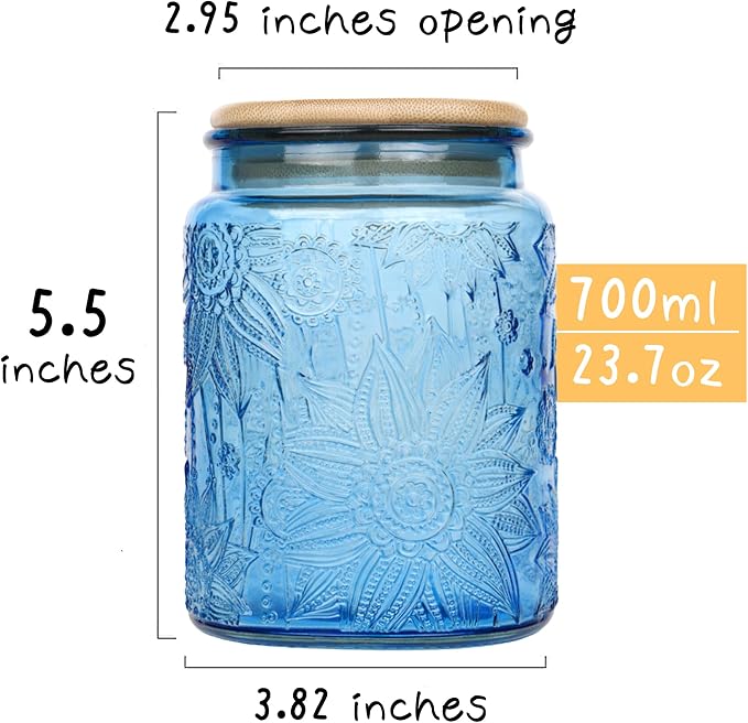 Custde Glass Storage Jars With Airtight Lid, 23.7oz Canister For Kitchen Counter with Bamboo Lid, brown sugar, candy, coffee, cookie, salt, tea,pantry cute Jar (Blue 2-Pack, 23.7 fl oz)