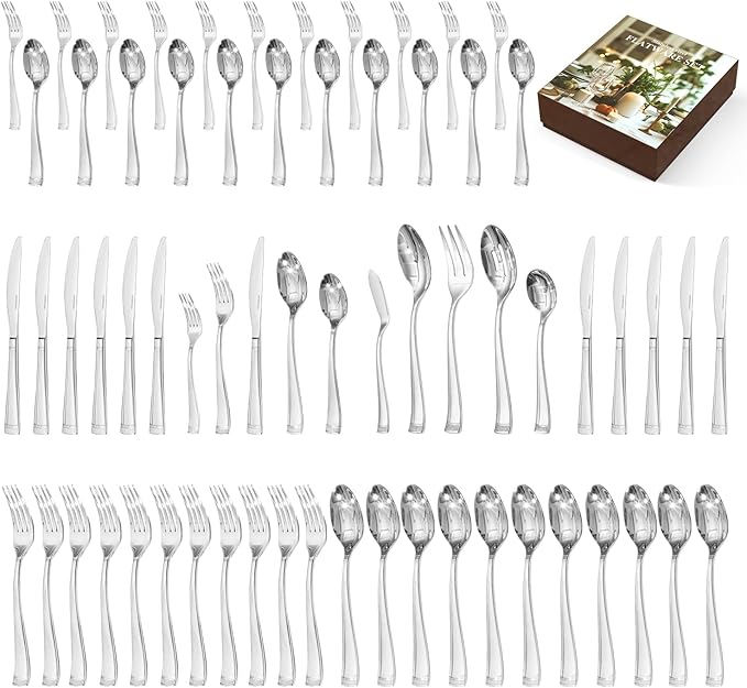 KINGSTONE Silverware Set, 65-Piece Flatware Set for 12, 18/10 Stainless Steel Cutlery Set with Bead Edge, Utensil for Kitchen, Home, Party, Wedding, Mirror Polished, Dishwasher Safe, Featured Gifts