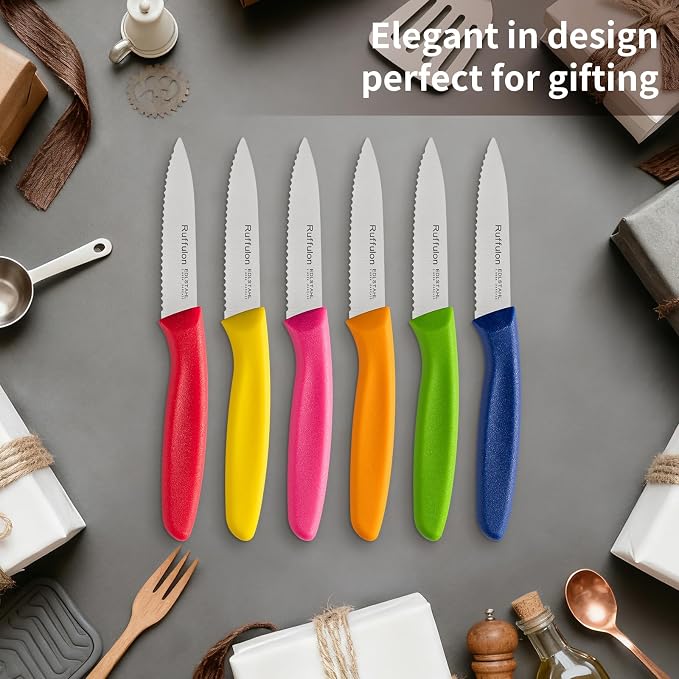 Stainless Steel Paring Knife With Serrated Blade, 6 Pieces Set Vegetable and Fruit Knife, Ultra Sharp Small Kitchen Knife, Colorful Paring Knives with PP Plastic Ergonomic Handle.