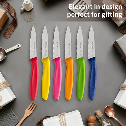 Stainless Steel Paring Knife With Serrated Blade, 6 Pieces Set Vegetable and Fruit Knife, Ultra Sharp Small Kitchen Knife, Colorful Paring Knives with PP Plastic Ergonomic Handle.