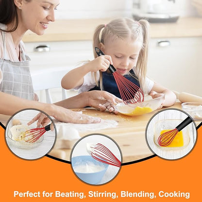 HOTEC 4 Pieces Silicone Whisks Set, Wire Balloon Whisks for cooking Egg Beater, Non-slip Handle Whisk for Non-stick Cookware Perfect for Cooking, Stirring, Beating and Blending,Red