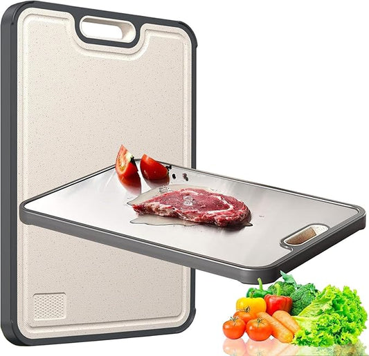 Stainless Steel Cutting Boards for Kitchen,304 Stainless and Wheat Straw PP Double Sided Cutting Board,Non slip Easy to Clean Kitchen Chopping Board,Dishwasher Safe(16 * 11 In)