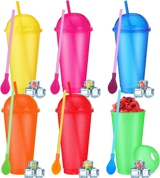6 Set Slushie Cups with Dome Lids and Straws Detachable Spoon Straws Reusable Plastic Iced Coffee Cups Smoothie Tumbler for Birthdays Summer Party Supplies(Light Colors,24 oz)