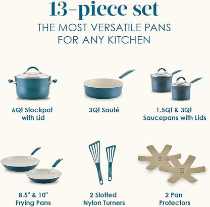 Rachael Ray Cucina Ceramic Nonstick Cookware Pots and Pans Set, 13-Piece, Marine Blue