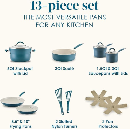 Rachael Ray Cucina Ceramic Nonstick Cookware Pots and Pans Set, 13-Piece, Marine Blue
