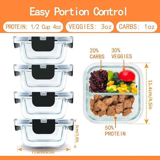 5 Pack Bariatric Meal Prep Containers, 8 oz Bariatric Bowls for Portion Control, Reusable Glass Snack Food Containers with Lids & Folding Spoon & Fork & Knife, Bariatric Must Haves (Black)