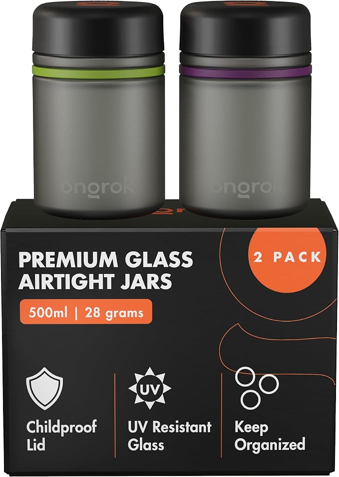 ONGROK Glass Storage Jar, 500ml, 2 Pack, UV Herb/Spice Jar with Child Resistant Lid, Color-Coded Glass Containers Air Proof to Preserve Smell and Aroma, Perfect Size to Store in a Drawer or Cupboard