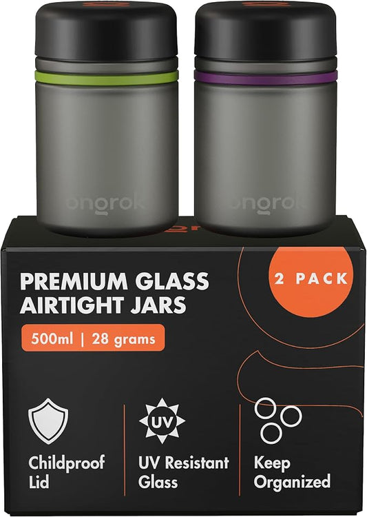 ONGROK Glass Storage Jar, 500ml, 2 Pack, UV Herb/Spice Jar with Child Resistant Lid, Color-Coded Glass Containers Air Proof to Preserve Smell and Aroma, Perfect Size to Store in a Drawer or Cupboard