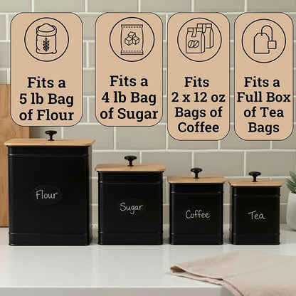 Kitchen Canisters for Countertop Set of 4 with Customizable Chalkboard Labels & Marker Pen - Big Iron Kitchen Canisters with Airtight Lids - Black Canister Set - Flour and Sugar Containers Farmhouse