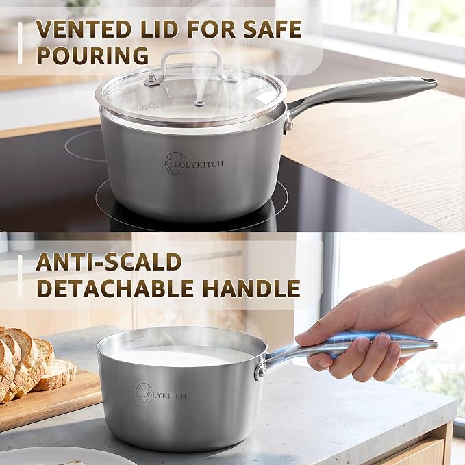 LOLYKITCH Tri-Ply Stainless Steel Saucepan Set with Glass Lids, 1.5QT & 3QT Cooking Pots, Uncoated Heavy Bottom Metal Sauce Pans for Induction Cooktop, Ergonomic Handle