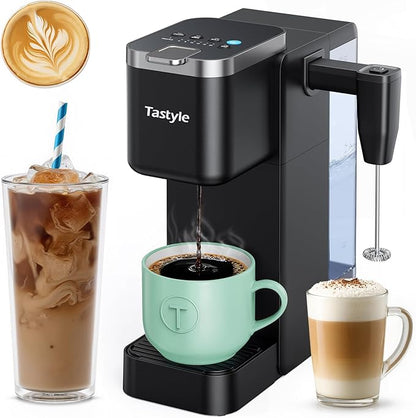 Tastyle 330MF Single Serve Coffee Maker with Built-in Detachable Milk Frother, Iced and Hot Coffee Machine for K Cup & Grounds, 40oz Removable Water Reservoir, 6 Cup Sizes, Fits 7.3" Travel Mug, Black