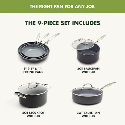 GreenPan Valencia Pro 9 Piece Ceramic Nonstick Cookware Set, PFAS-Free, Induction Ready, Hard Anodized Pots & Pans with Lids, Compatible on All Cooktops, Dishwasher & Oven Safe, Gray