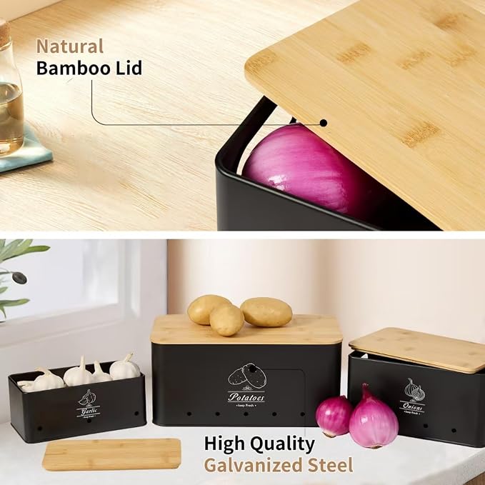3 Pack Metal Vegetable Storage,Onion Storage,Potato Storage and Garlic Storage Set,Kitchen Vegetable Keeper,Stackable Pantry Organizers with Ventilation Holes and Bamboo Lids(BLACK)