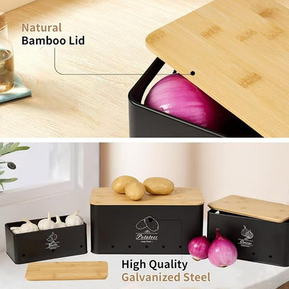 3 Pack Metal Vegetable Storage,Onion Storage,Potato Storage and Garlic Storage Set,Kitchen Vegetable Keeper,Stackable Pantry Organizers with Ventilation Holes and Bamboo Lids(BLACK)
