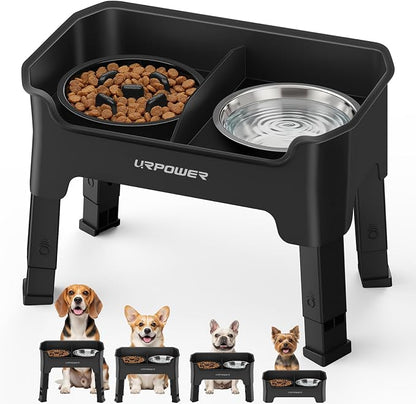 URPOWER Mess Proof Elevated Dog Bowls, High Wall Splash Guard Design, 4 Height Adjustable Raised Bowl Stand with Stainless Steel Bowl & Slow Feeder Bowl, Non-Slip Food Water Set for Small Dogs