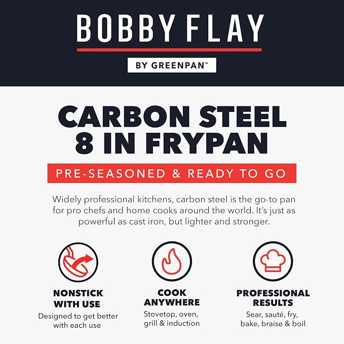 GreenPan x Bobby Flay 8" Carbon Steel Frying Pan Skillet, Pre-Seasoned Ready to Use, Nontoxic, PFAS-Free, Induction Compatible, High Heat & Oven Safe Durable Cookware, Cast Iron Alternative