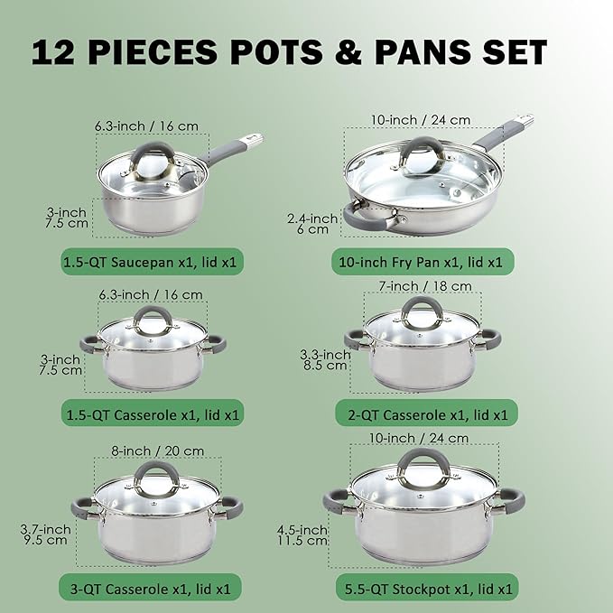 Cook N Home Basics Stainless Steel Cookware Sets, Pots and Pans Set with Stay-Cool Handle, Induction Compatible, Dishwasher and Oven Safe, 12-Piece