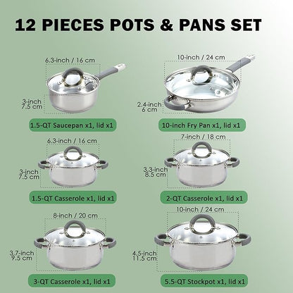 Cook N Home Basics Stainless Steel Cookware Sets, Pots and Pans Set with Stay-Cool Handle, Induction Compatible, Dishwasher and Oven Safe, 12-Piece
