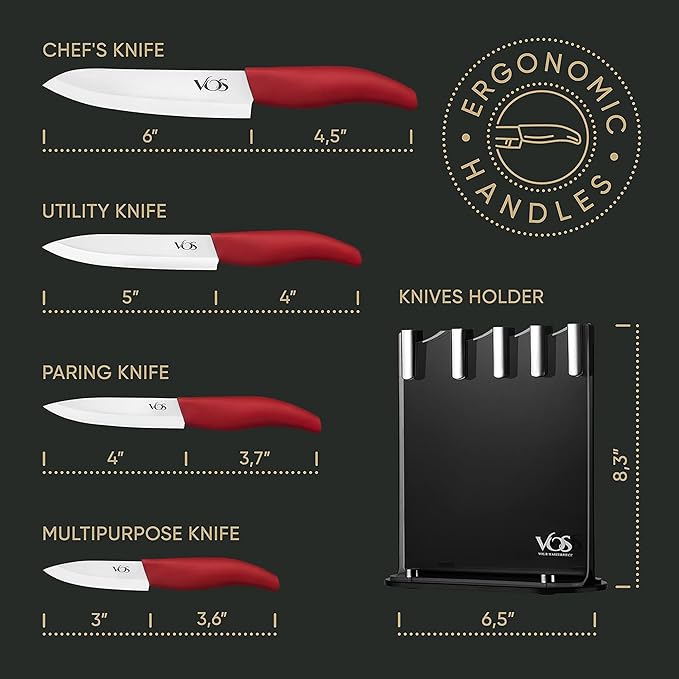 Vos Ceramic Knife Set, Ceramic Knives Set For Kitchen, Ultra Sharp Kitchen Knife Set with Covers, 3" 4" 5" 6" Paring, Santoku, Chef Knife & Utility, Lightweight, Dishwasher safe (Red with Block)