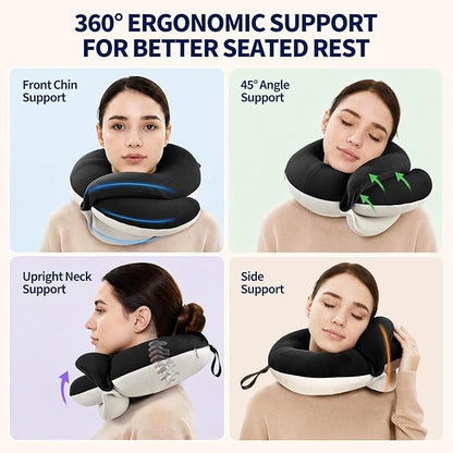 BUYUE Travel Neck Pillows for Airplanes, Memory Foam 360° Head Support Sleep for Long Flight, Skin-Friendly & Breathable, Kit with Eye Mask, Earplugs and Storage Bag (Adult, Black, 90+ lbs)
