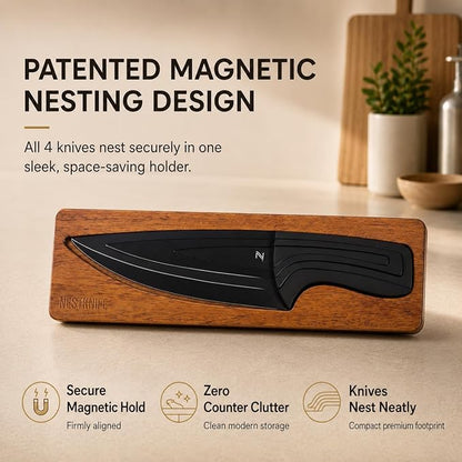 NestKnife Magnetic Kitchen Knife Set - 4 Piece VG10 High Carbon Stainless Steel Kitchen Knives with Patented Space-Saving Nesting Design & Magnetic Block - Ultra Sharp Professional Chef Knife Set
